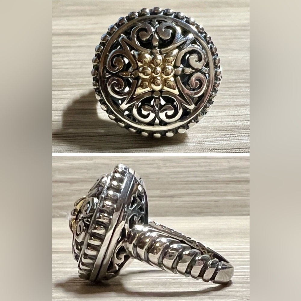 Designer Signed AE Sterling Silver & 14K Yellow Gold Filligree Ring, Size 7